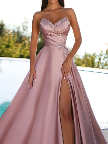 A-Line/Princess Strapless Floor-Length Prom Floral Dresses With Split Side Sexy Evening Dress