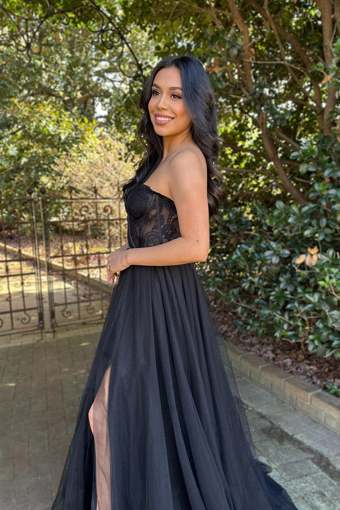A Line Sweetheart Lace Tulle Long Prom Dress With Slit Sexy Evening Dresses