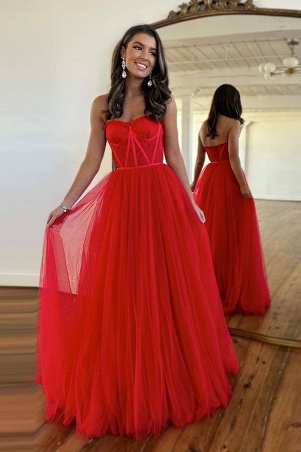 A Line Sweetheart Lace Tulle Long Prom Dress With Slit Sexy Evening Dresses
