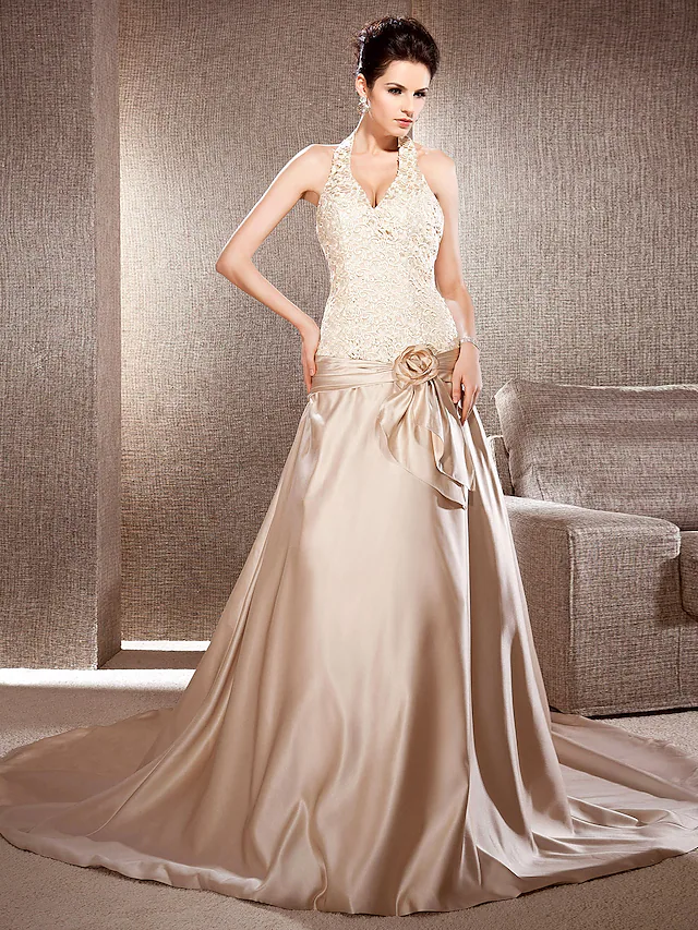 Princess A-Line Wedding Dresses V Neck Chapel Train Lace Satin Sleeveless Wedding Dress in Color with Lace Flower