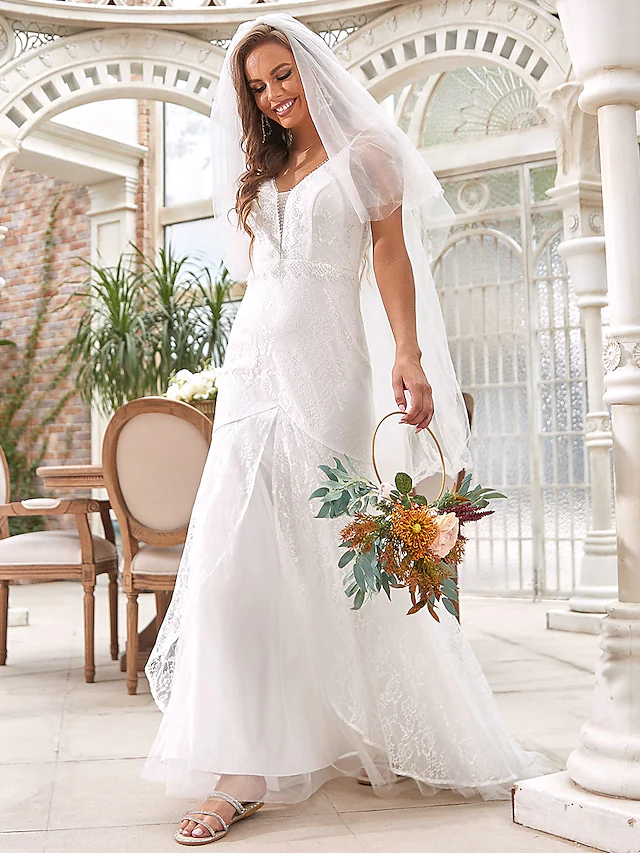 Long Wedding Dresses V Neck Lace Tulle Sleeveless Romantic with Lace