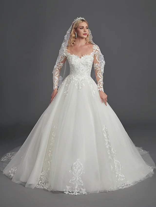Ball Gown Wedding Dresses Illusion Neck Chapel Train Lace Tulle Long Sleeve Glamorous See-Through Illusion Detail with Buttons