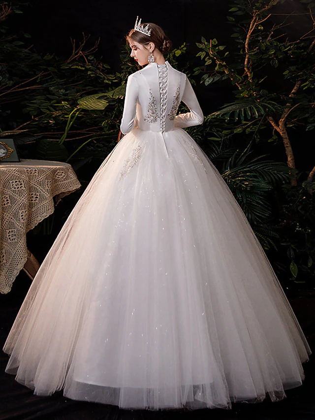 Princess Ball Gown Wedding Dresses V Neck Floor Length Lace Tulle Long Sleeve Romantic Sparkle & Shine