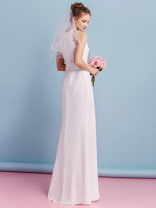 Wedding Dresses Jewel Neck Floor Length Chiffon Lace Regular Straps Floral Lace with Lace Sash