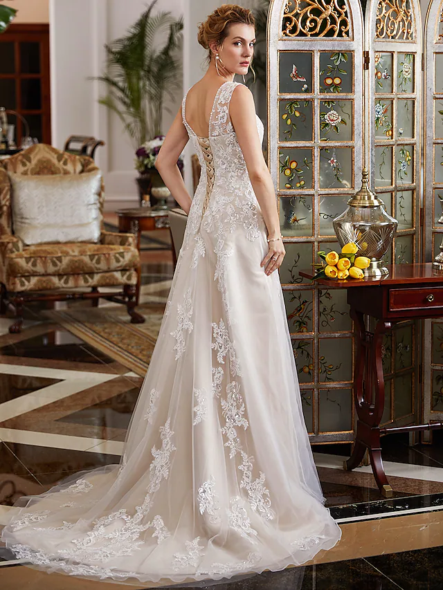 A-Line Wedding Dresses V Neck Court Train Lace Tulle Regular Straps Romantic Illusion Detail with Beading