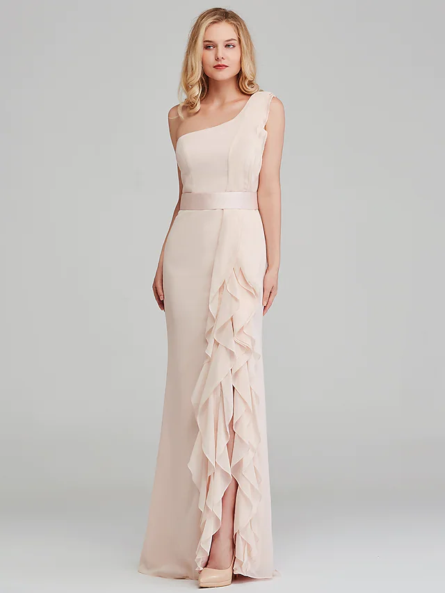Pearl Pink Shoulder Long Length Chiffon Bridesmaid Dress with Cascading Ruffles
