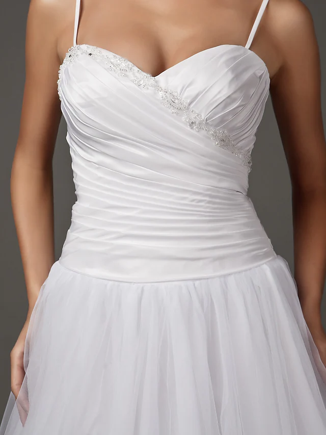 A-Line Wedding Dresses Sweetheart Neckline Spaghetti Strap Floor Length Taffeta Tulle Sleeveless Long
