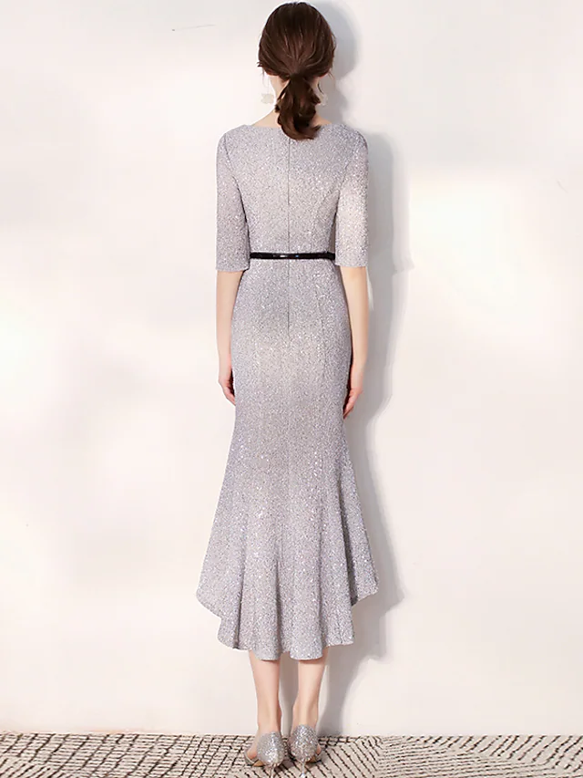 Glittering Elegant Homecoming Cocktail Party Dress Jewel Neck Long Sleeve Tea Length Sequined with Sash Ribbon Sequin