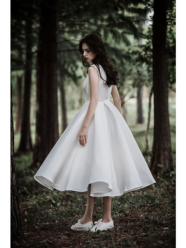 A-Line Wedding Dresses Jewel Neck Tea Length Chiffon Over Satin Cap Sleeve Simple Casual Little White Dress Pure Color