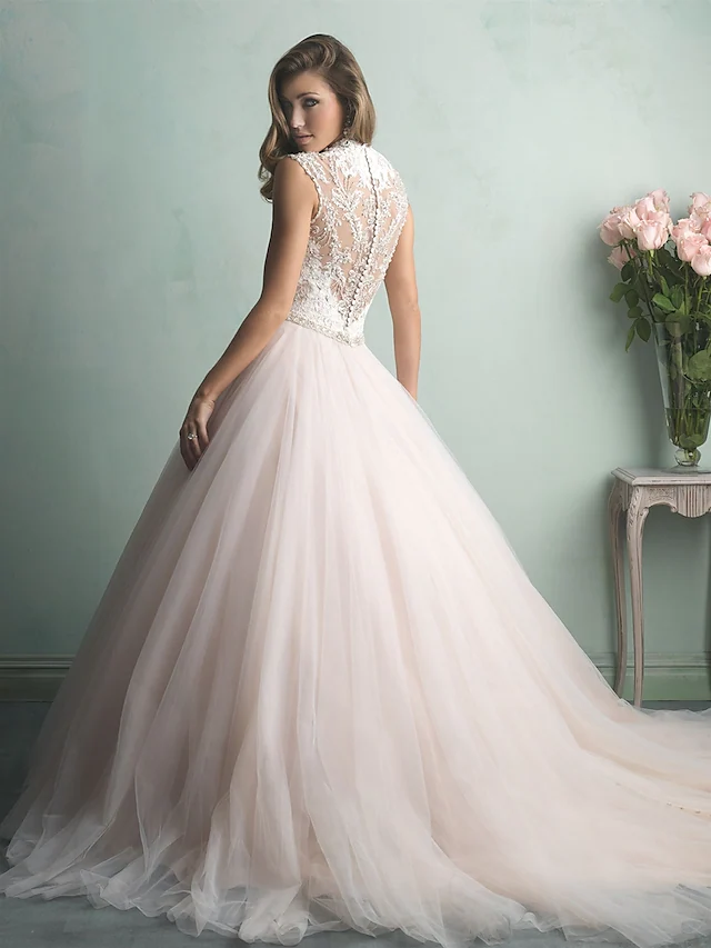 A-Line Wedding Dresses V Neck Tulle Regular Straps Romantic See-Through Illusion Detail Backless with Beading Lace