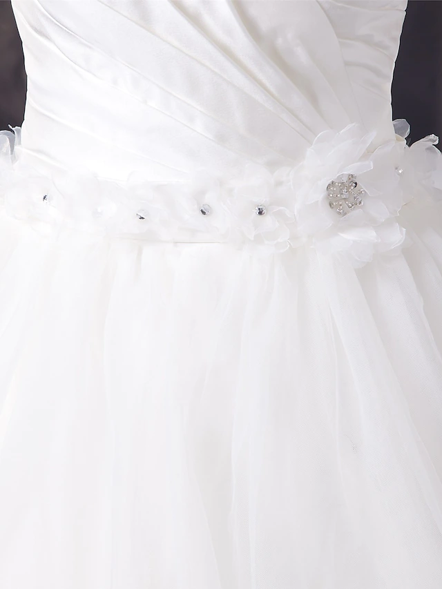 A-Line Wedding Dresses Sweetheart Neckline Court Train Organza Satin Strapless with Pick Up Skirt Ruched