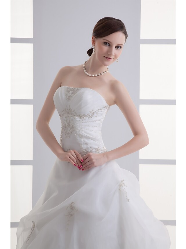 A-Line Wedding Dresses Strapless Court Train Organza Satin Strapless with Pick Up Skirt Ruched