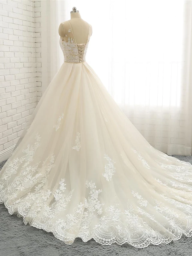 Wedding Dresses Jewel Neck Chapel Train Lace Tulle Lace Over Satin Regular Straps Formal See-Through with Sashes Ribbons Pearls