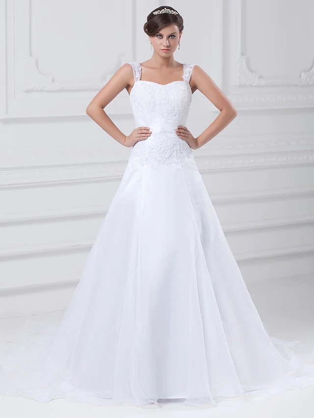 A-Line Wedding Dresses Square Neck Chapel Train Lace Organza Satin Regular Straps with Beading