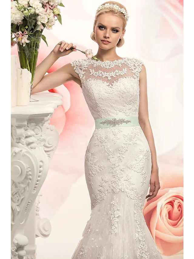 Mermaid Trumpet Wedding Dresses Jewel Neck Court Train Lace Tulle Cap Sleeve with