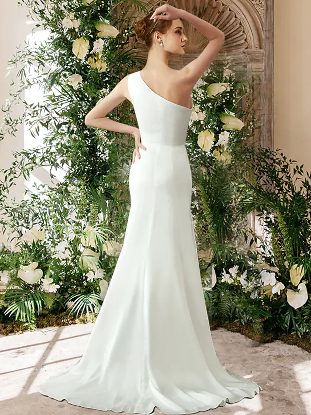 Wedding Dresses One Shoulder Chiffon Sleeveless Simple Sexy Pure Color