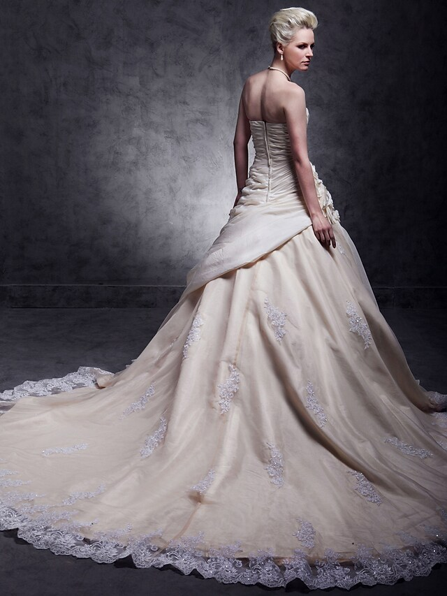A-Line Wedding Dresses Strapless Cathedral Train Taffeta Beaded Lace Strapless Glamorous Plus Size with Beading Lace Insert