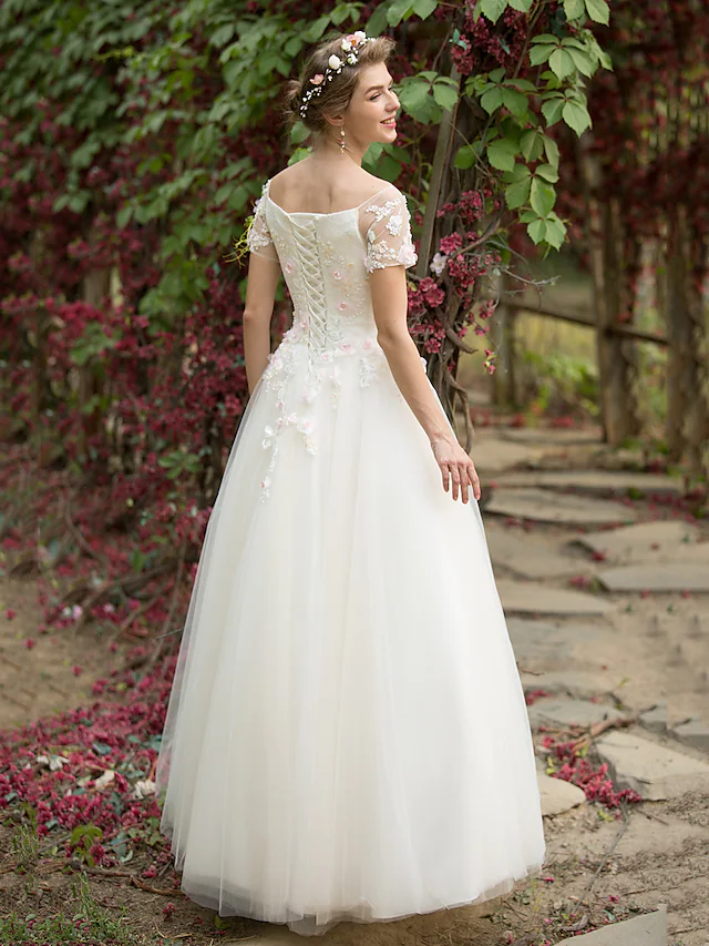 A-Line Wedding Dresses Bateau Neck Floor Length Tulle Short Sleeve with Beading Appliques Flower Beautiful