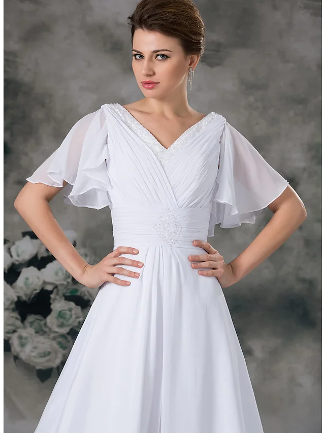 A-Line Wedding Dresses V Neck Chapel Train Chiffon Satin Short Sleeve with Ruched