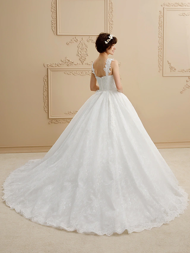 Ball Gown Wedding Dresses Sweetheart Neckline Tulle All Over Lace Regular Straps Glamorous Illusion Detail