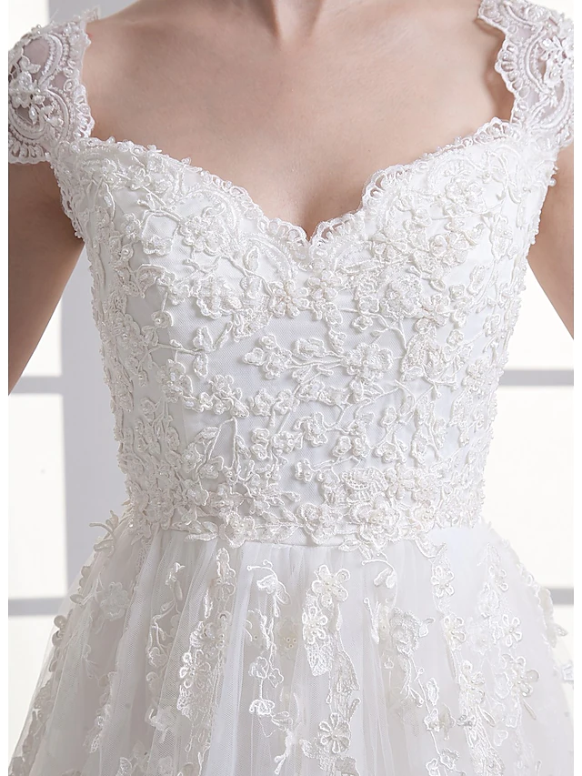 A-Line Wedding Dresses Sweetheart Neckline Court Train Lace Satin Tulle Cap Sleeve with Beading