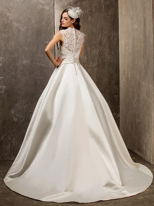 A-Line Wedding Dresses Queen Anne Lace Satin Sleeveless See-Through with Sash Ribbon Beading
