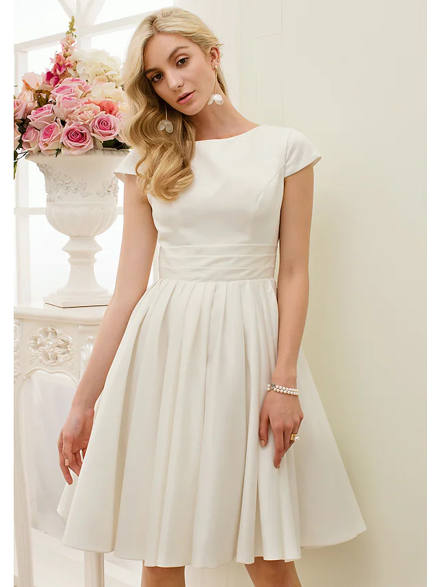A-Line Wedding Dresses Jewel Neck Knee Length Satin Short Sleeve Formal Simple Casual Little White Dress with Sash