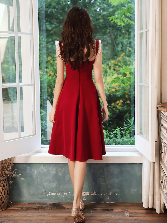 A-Line Glittering Elegant Party Wear Cocktail Party Dress High Neck Sleeveless Knee Length Spandex