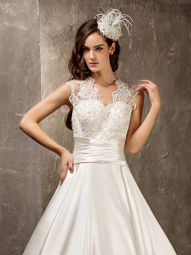 A-Line Wedding Dresses Queen Anne Lace Satin Sleeveless See-Through with Sash Ribbon Beading