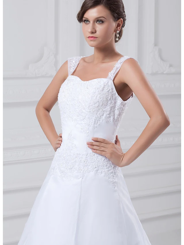 A-Line Wedding Dresses Square Neck Chapel Train Lace Organza Satin Regular Straps with Beading