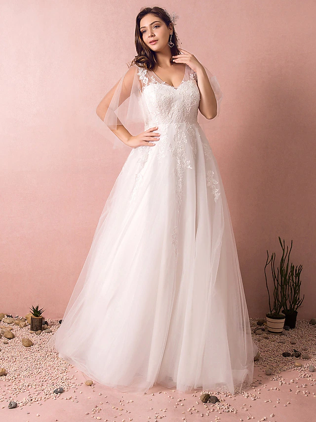 A-Line Wedding Dresses V Neck Court Train Satin Tulle Half Sleeve Formal Plus Size with Appliques Ivory