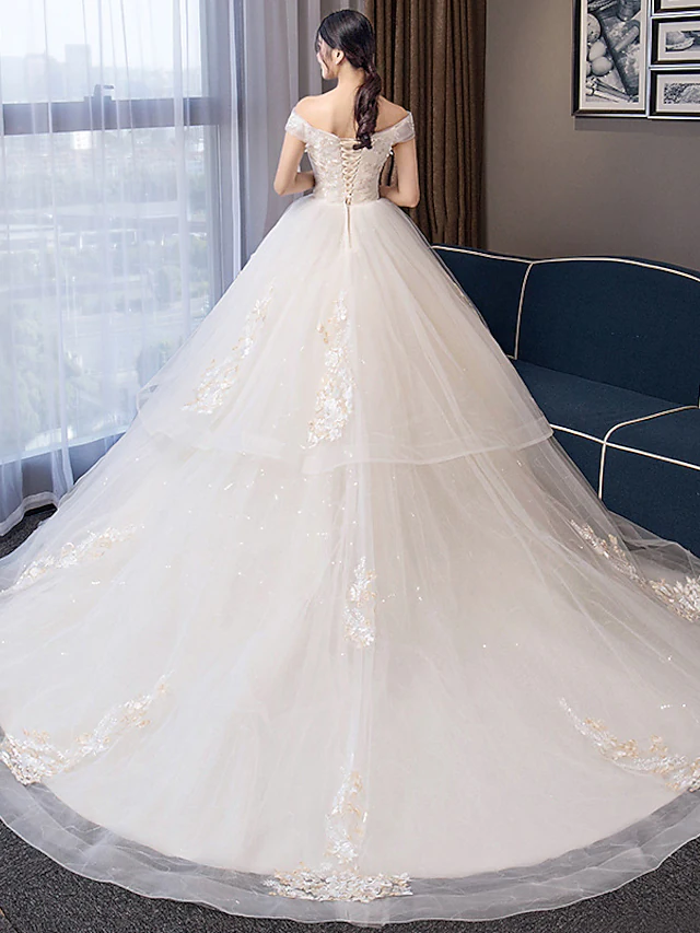 Ball Gown Wedding Dresses Off Shoulder Chapel Train Organza Cap Sleeve Formal Elegant with Crystals