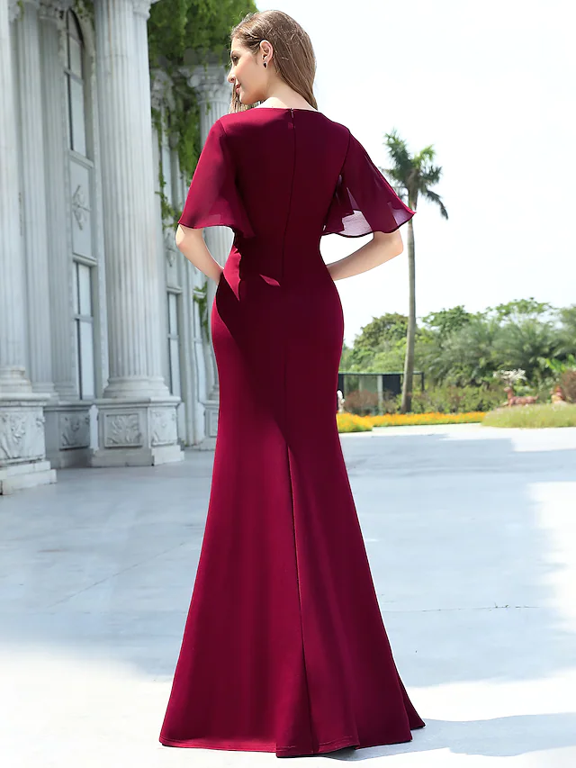 V Neck Floor Length Chiffon Bridesmaid Dress with Appliques Pure Color