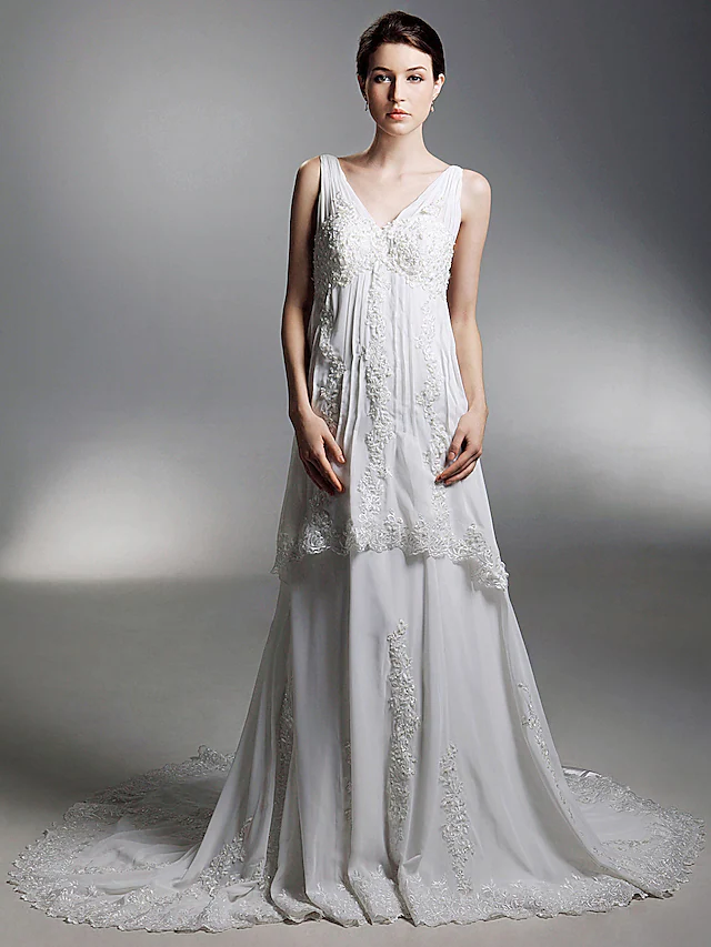 Princess A-Line Wedding Dresses V Neck Chapel Train Chiffon Sleeveless Pure Color