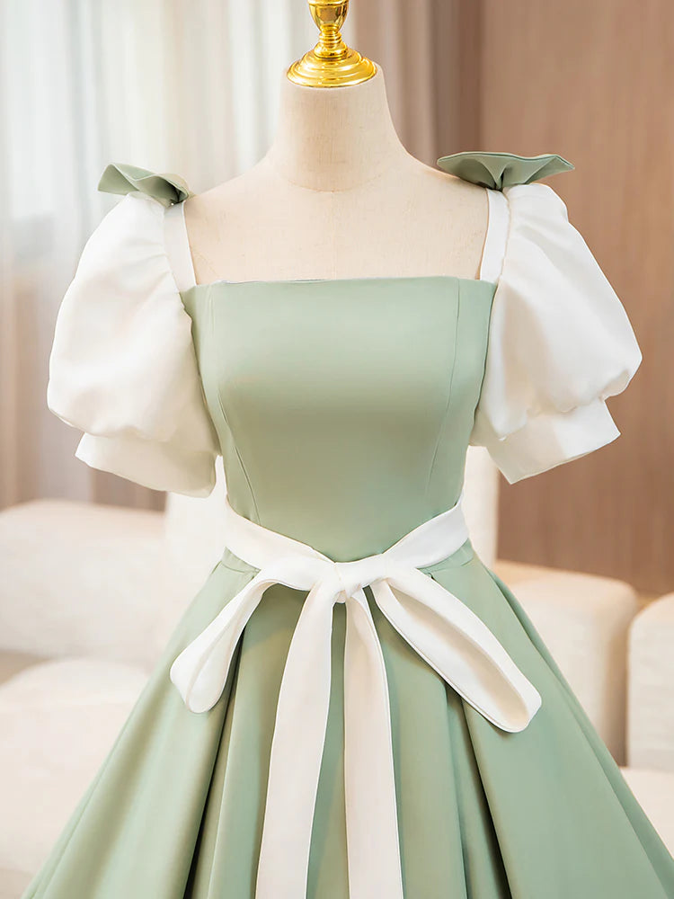 A-Line Puff Sleeves Satin Long Prom Dress Off Shoulder Formal Dress Charming Evening Dress
