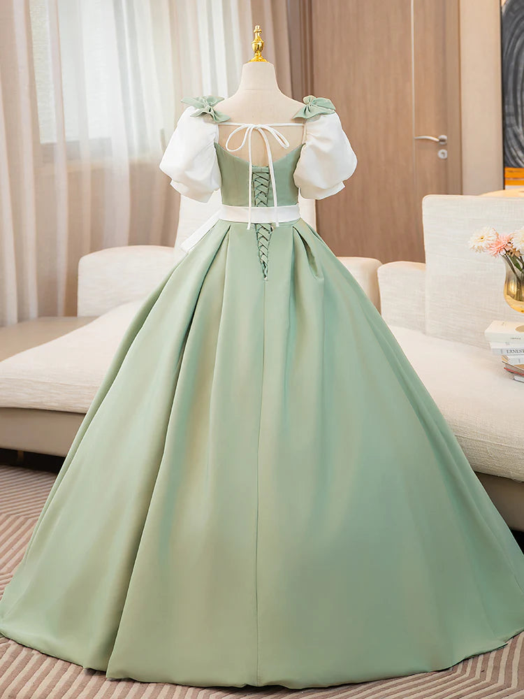 A-Line Puff Sleeves Satin Long Prom Dress Off Shoulder Formal Dress Charming Evening Dress