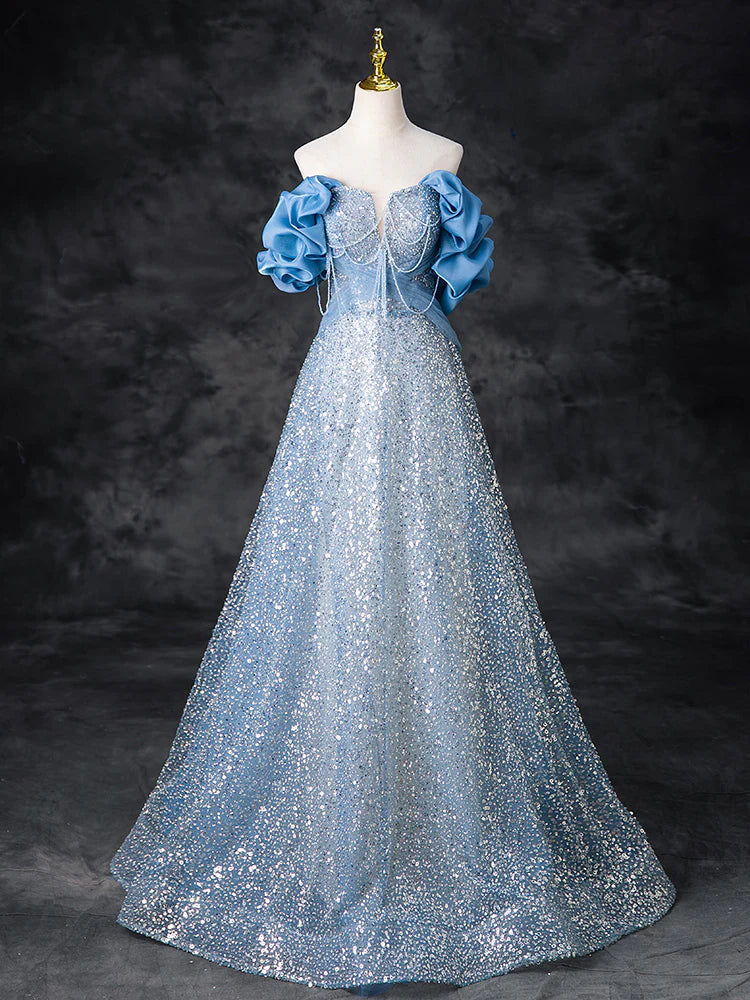 A-Line Off Shoulder Sequin Beads Long Prom Dress Sparkly