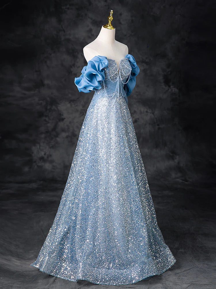 A-Line Off Shoulder Sequin Beads Long Prom Dress Sparkly