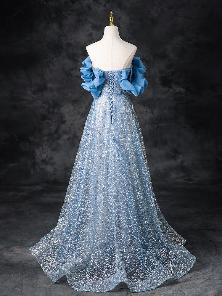 A-Line Off Shoulder Sequin Beads Long Prom Dress Sparkly