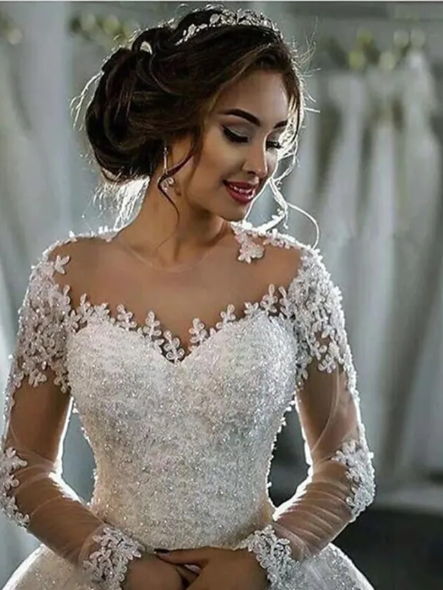 A-Line Wedding Dresses High Neck Court Train Lace Long Sleeve Country Glamorous Backless Illusion Sleeve