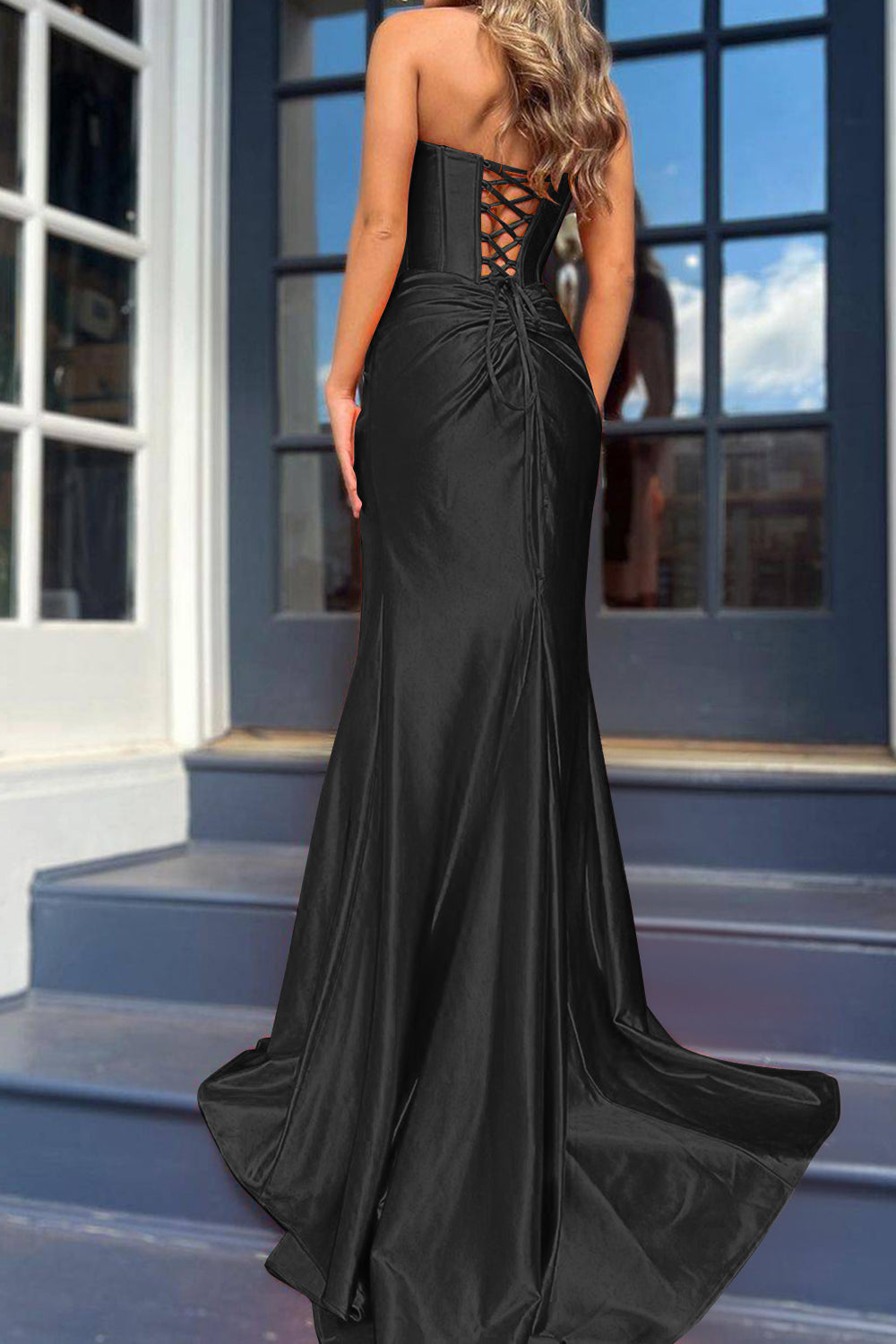 Mermaid Strapless Black Corset Prom Dress With Split Front Off Shoulder Sexy Evening Dresses
