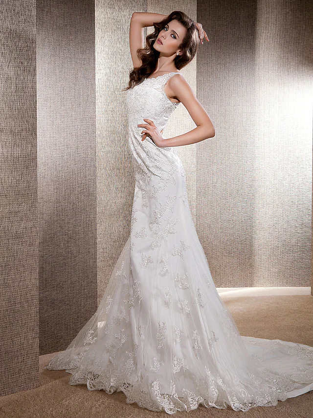 Wedding Dresses Scoop Neck Lace Tulle Sleeveless Long