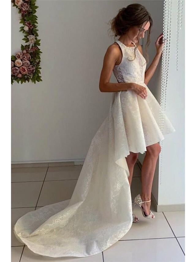 A-Line Wedding Dresses Jewel Neck Asymmetrical Knee Length Lace Organza Sleeveless Country Romantic Cute with Pleats