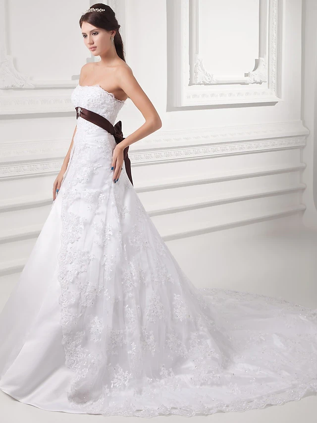 A-Line Wedding Dresses Strapless Chapel Train Lace Satin Tulle Strapless with Sashes Ribbons Bow(s)