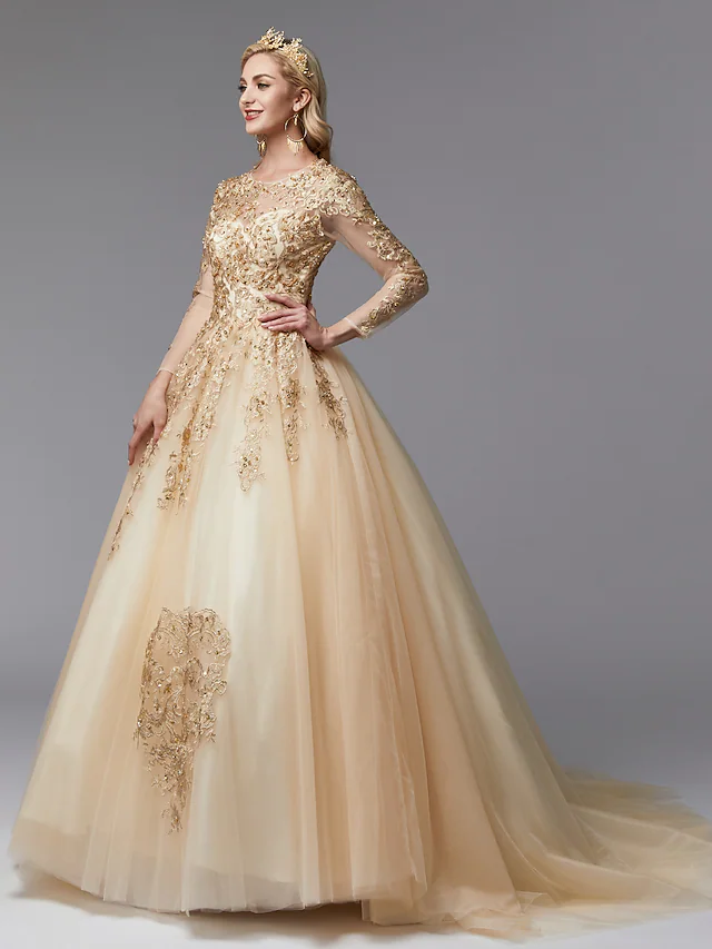 Ball Gown Wedding Dresses Jewel Neck Lace Tulle Long Sleeve Glamorous See-Through Backless Modern with Beading
