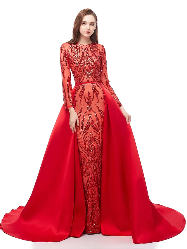 Luxurious Sparkle Prom Formal Evening Dress Jewel Neck Long Sleeve Detachable Sequined with Overskirt Pattern Print
