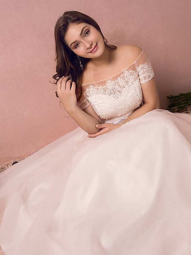 A-Line Wedding Dresses Off Shoulder Floor Length Lace Satin Tulle Short Sleeve Formal Plus Size with Lace Pearls Lace