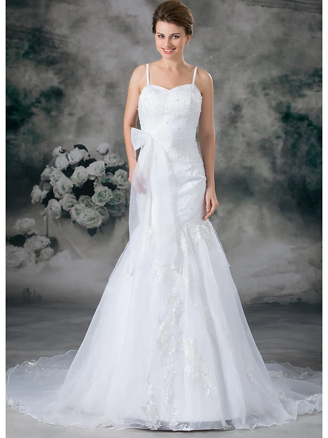 Wedding Dresses Sweetheart Neckline Chapel Train Lace Organza Satin Spaghetti Strap with Sashes Ribbons Bow(s)