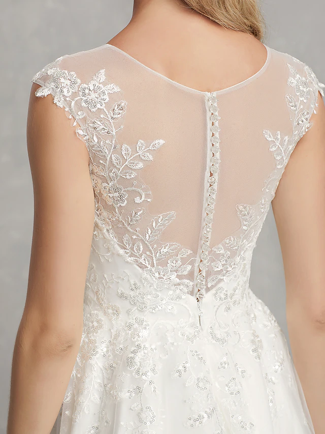 A-Line Wedding Dresses Jewel Neck Tea Length Lace Tulle Cap Sleeve Beautiful Back with Appliques Short