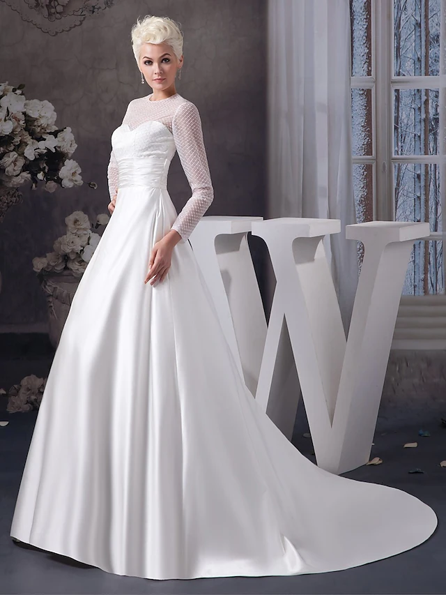A-Line Wedding Dresses Jewel Neck Court Train Satin Tulle Length Sleeve Illusion Sleeve with